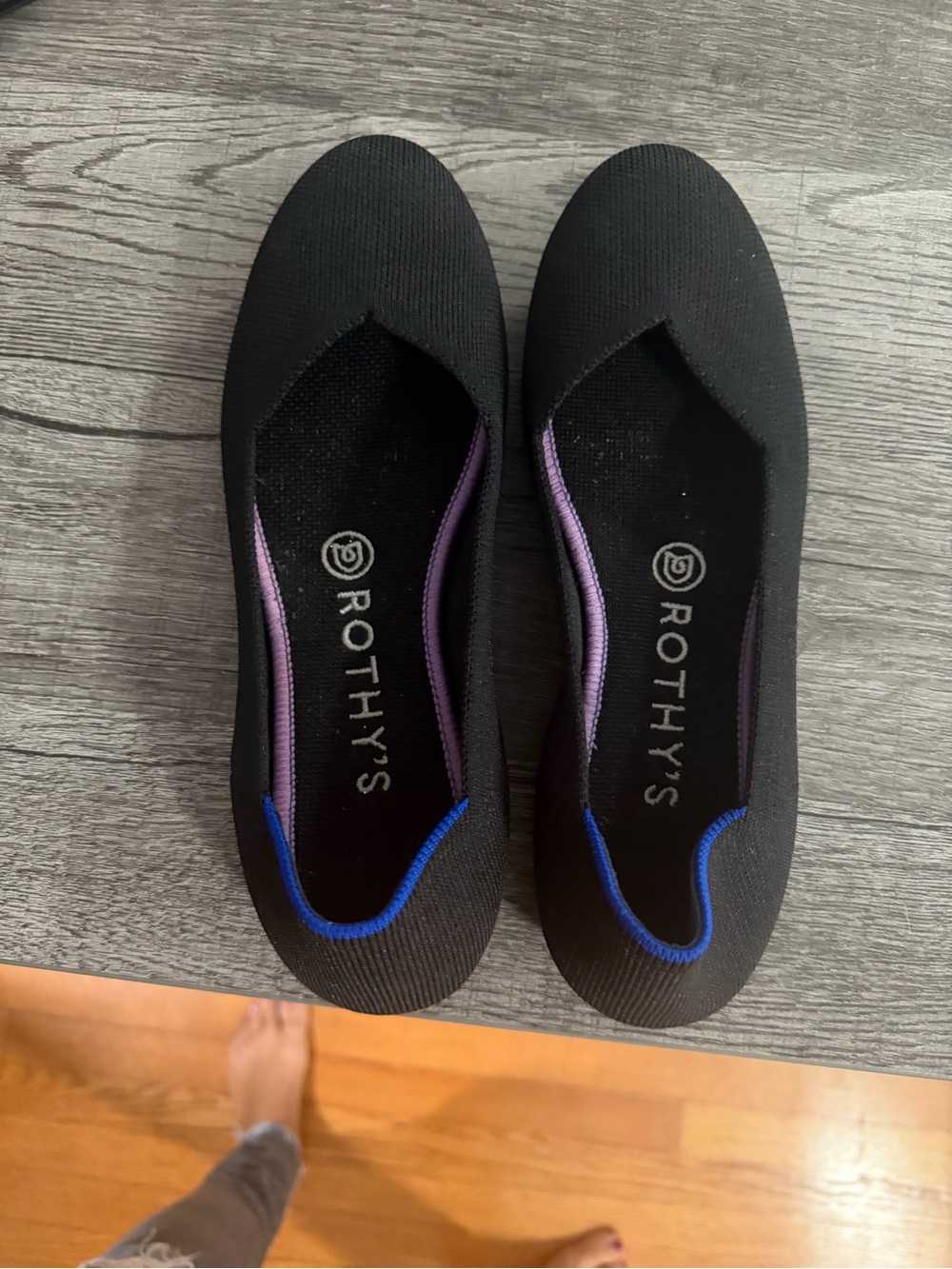 Rothy's Black Knit Ballet Flats with Purple and Blue Trim